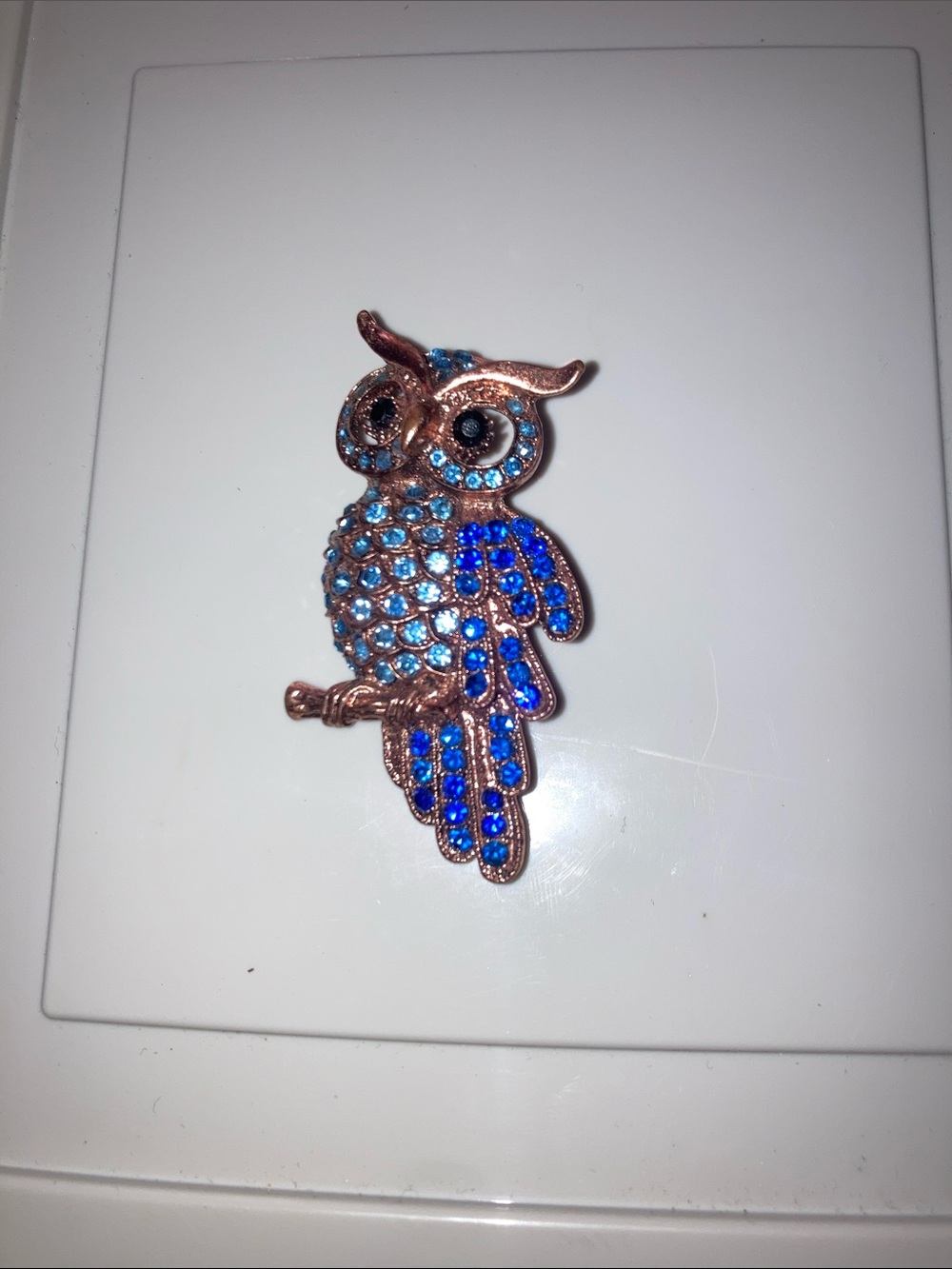 Blue Crystal Owl Brooch in Rose Gold Tone - Women's Jewelry
